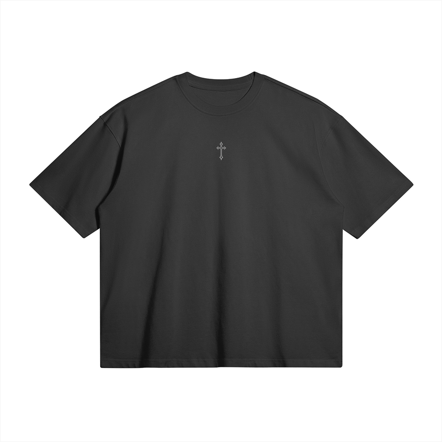 Gothic Cross black boxy T-shirt, front with small white upper-chest cross