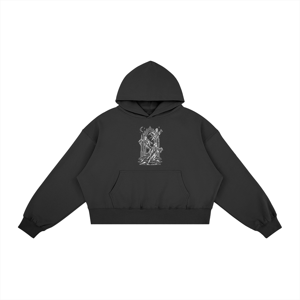 Front of WRYKIND Spectral Gateway black oversized hoodie with white contour artwork