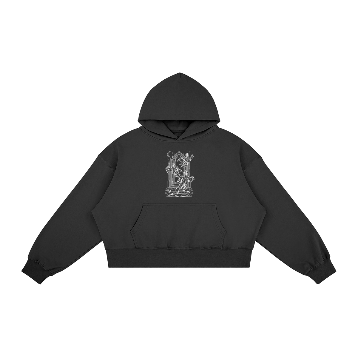 Front of WRYKIND Spectral Gateway black oversized hoodie with white contour artwork