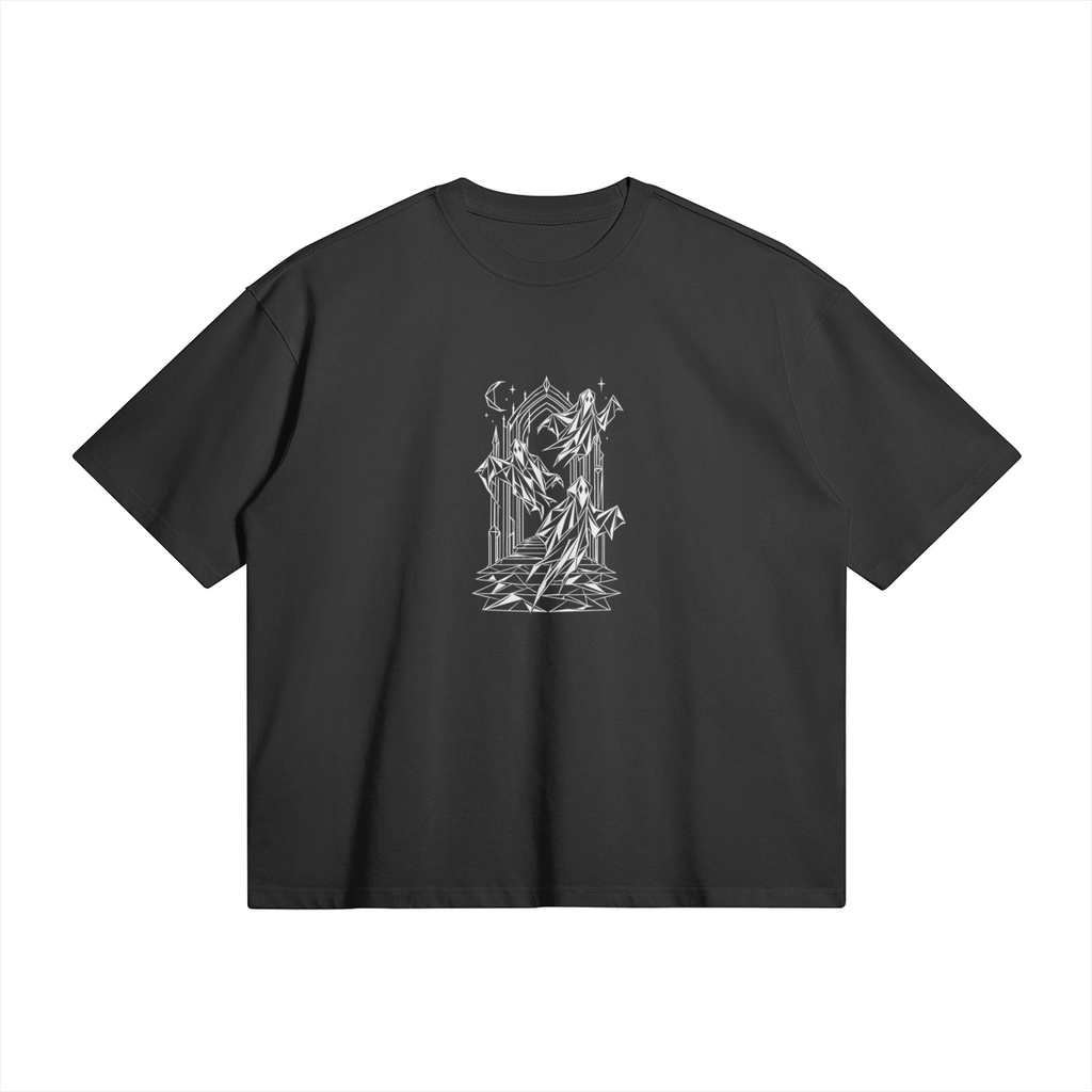 Front of WRYKIND Spectral Gateway black oversized T-shirt with white contour gateway artwork