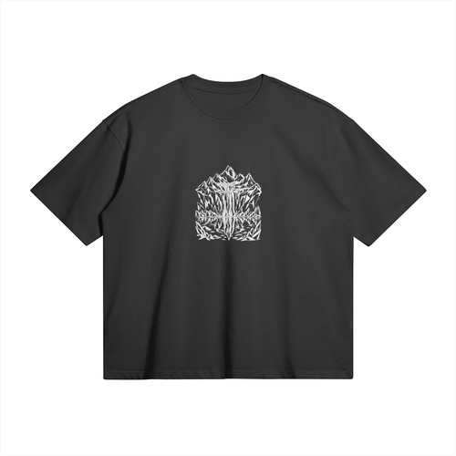 Front of WRYKIND Frozen Echoes black oversized T-shirt with white contour mountains reflected in a lake