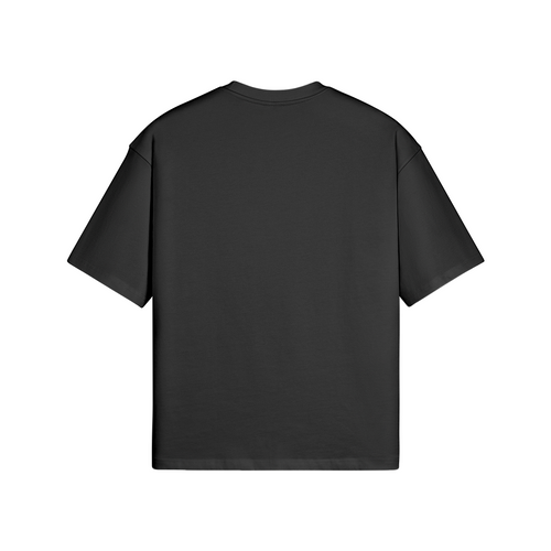BARELY CARE. WRYKIND black boxy T-shirt, plain black back view