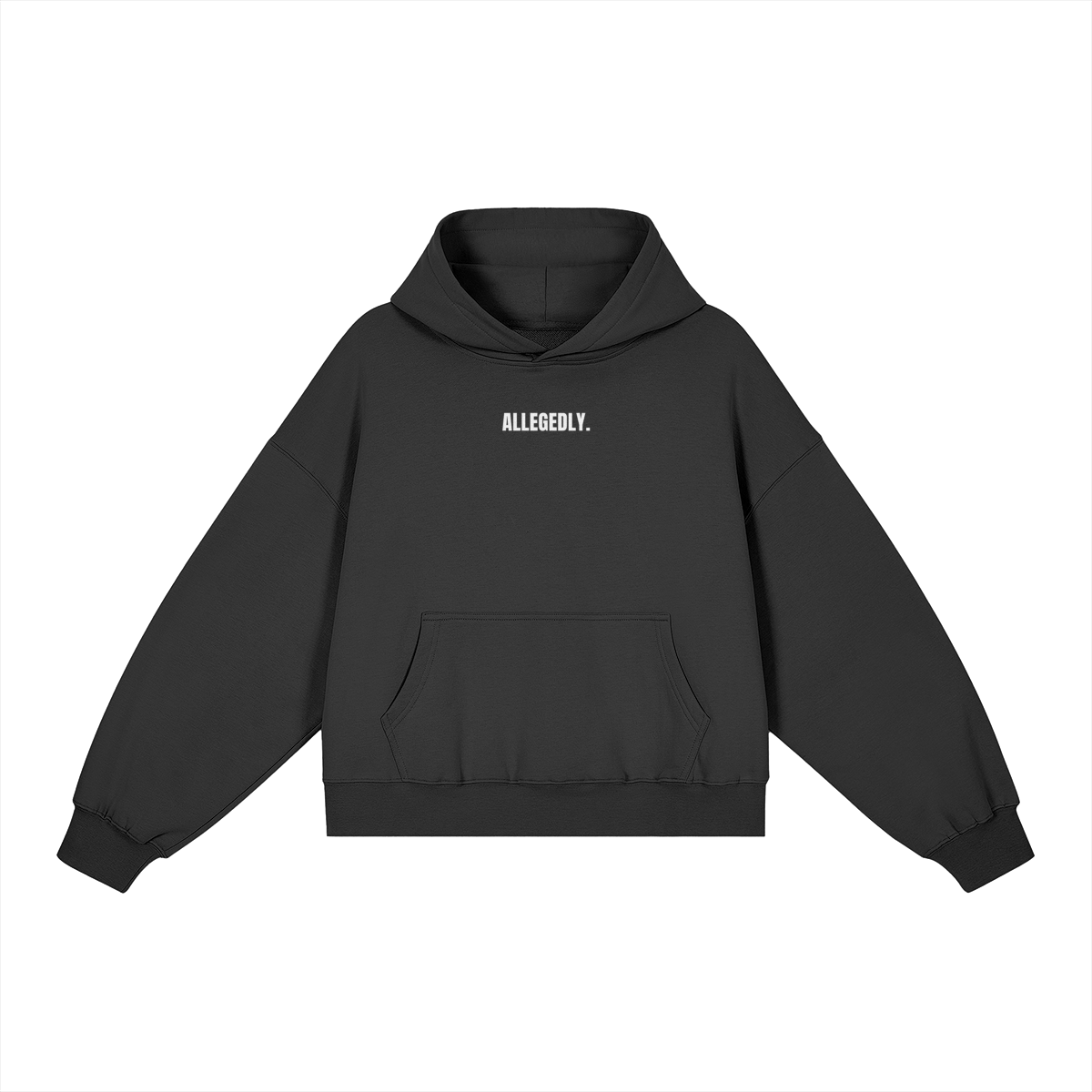 ALLEGEDLY. black boxy hoodie with compact white lettering centered on the upper chest