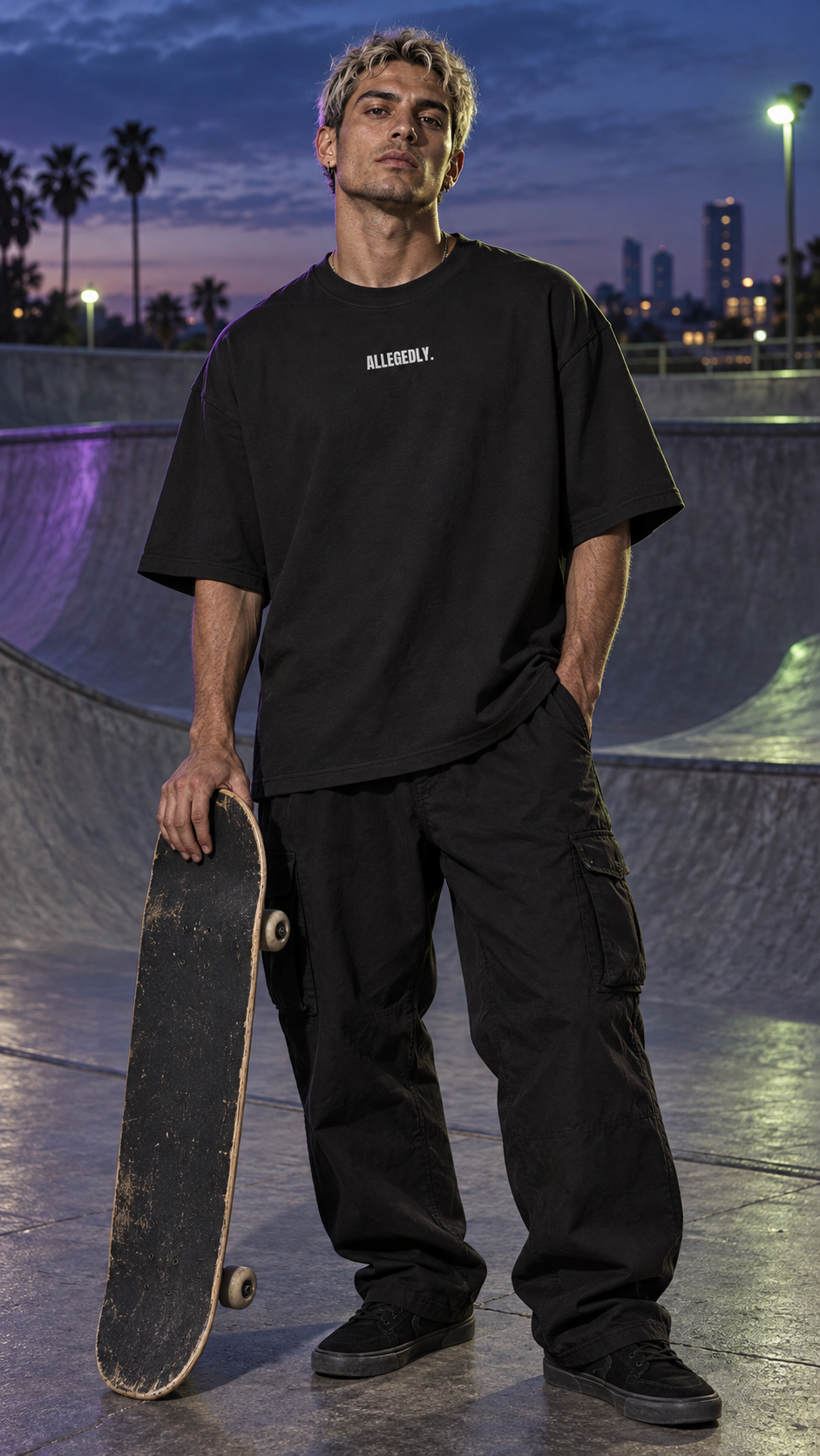 WRYKIND editorial — adult male skater wearing the ALLEGEDLY. black boxy T-shirt, AI styling image
