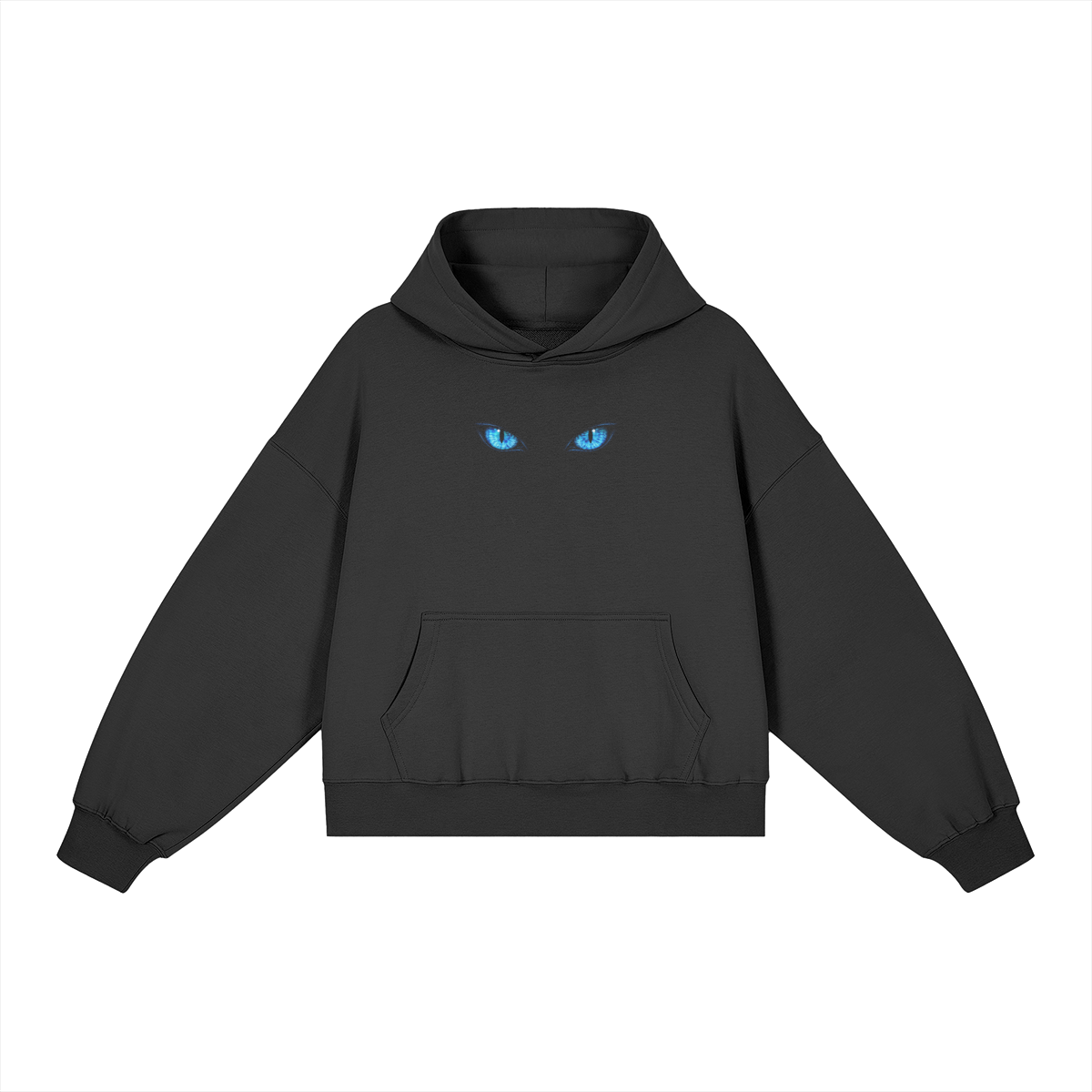 Piercing Blue Eyes black boxy hoodie with blue eyes at the upper chest