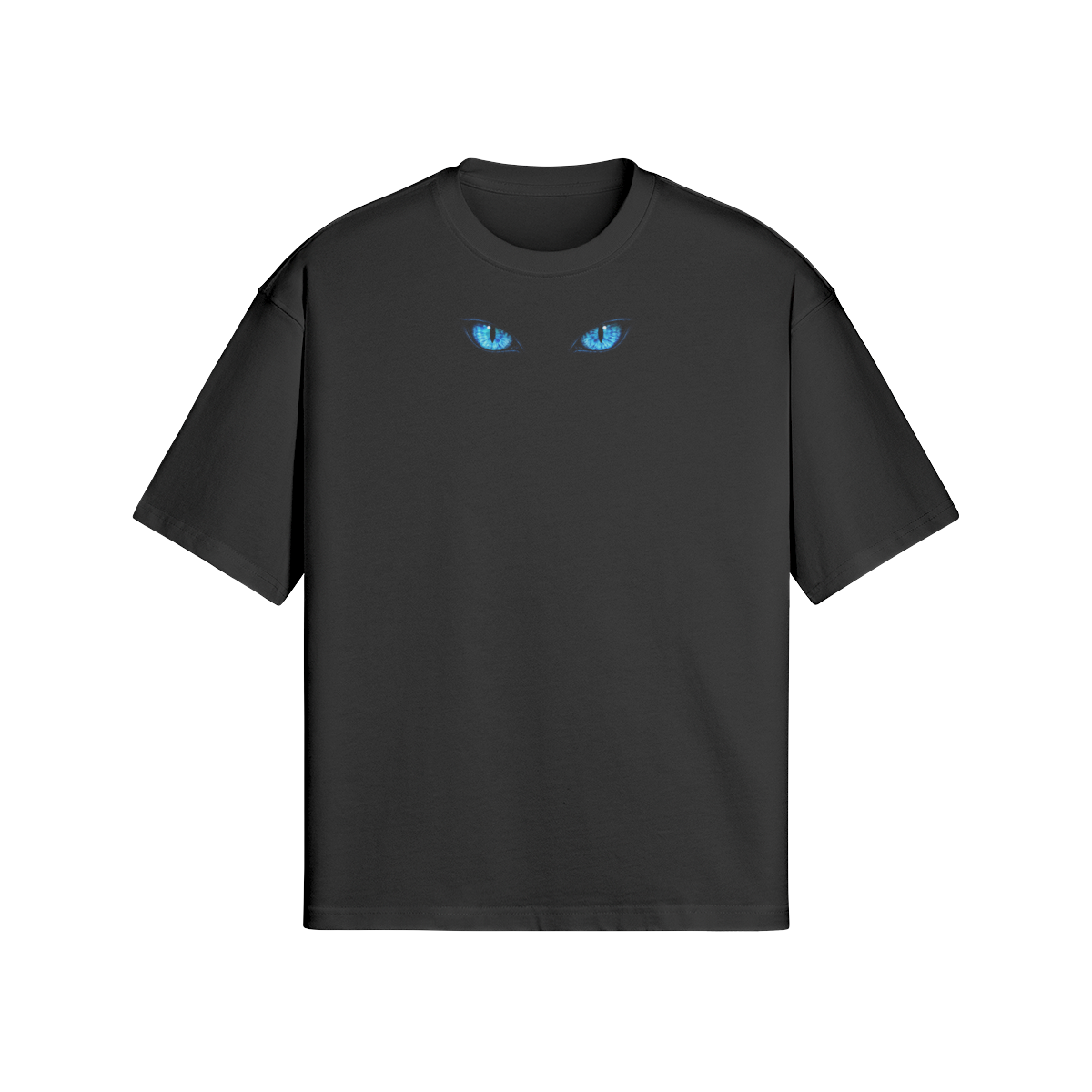 Piercing Blue Eyes black T-shirt — eyes positioned just below the neckline