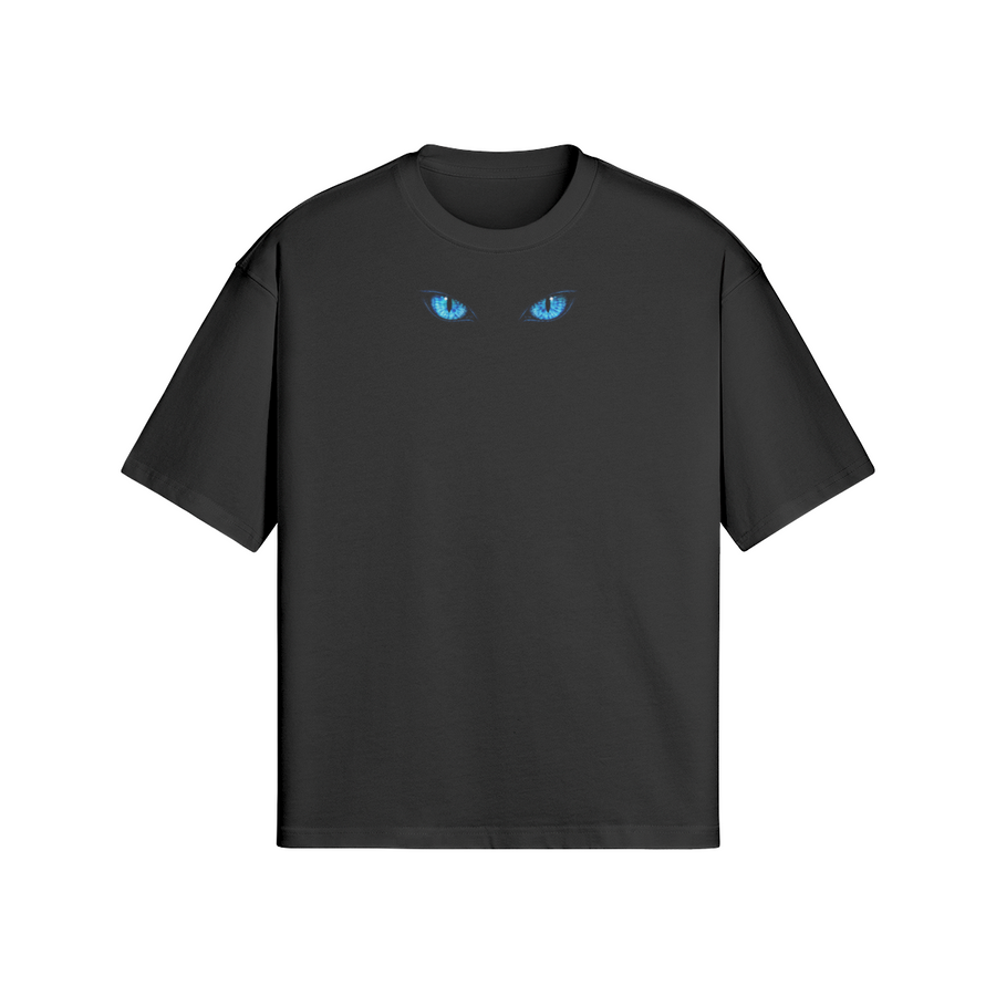 Piercing Blue Eyes black T-shirt — eyes positioned just below the neckline
