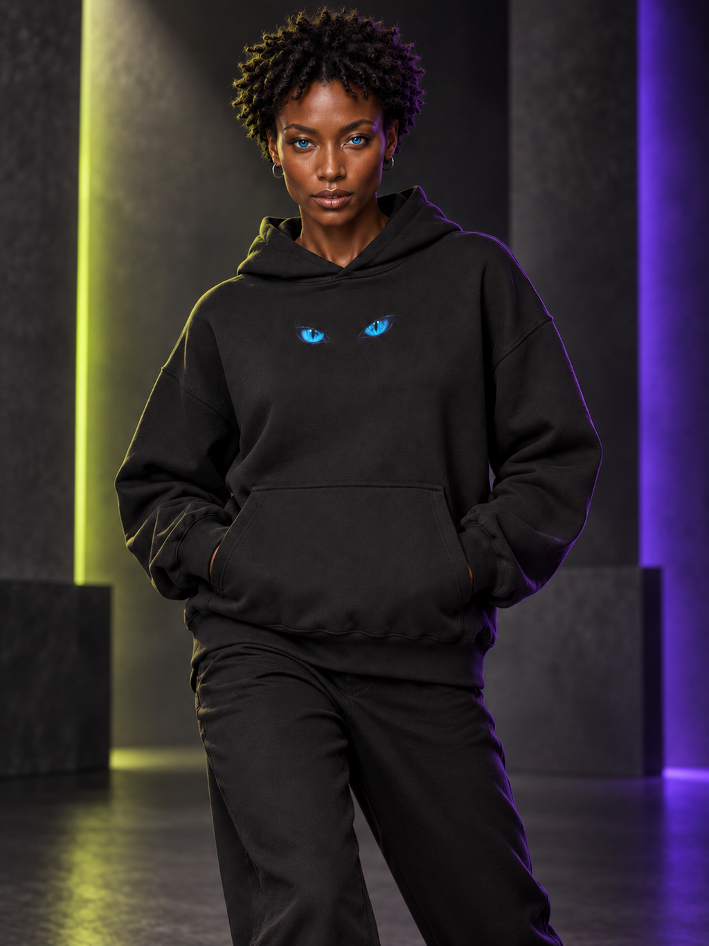 WRYKIND editorial — Magazine-style AI styling image of a blue-eyed woman posing in the Piercing Blue Eyes black hoodie