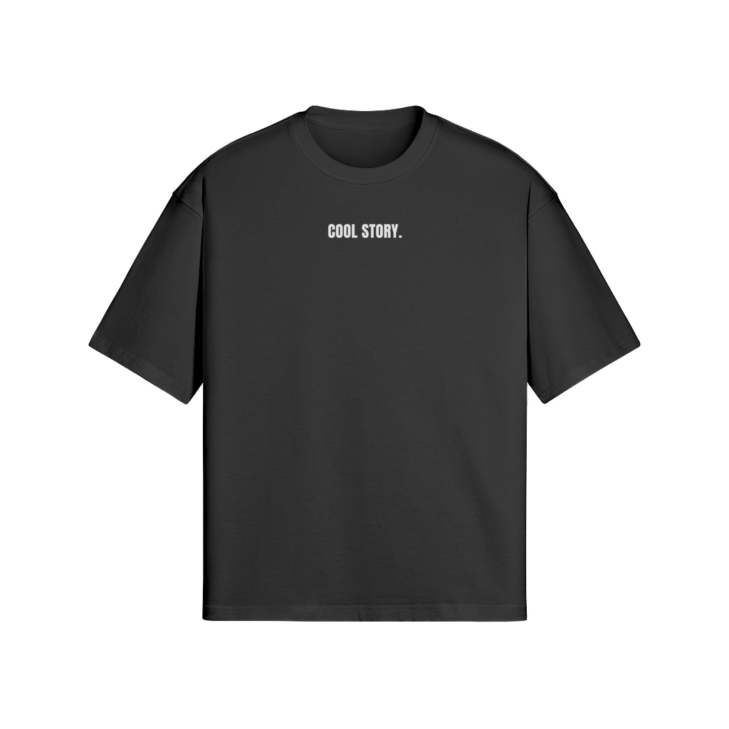COOL STORY. black boxy T-shirt with compact white upper-chest lettering
