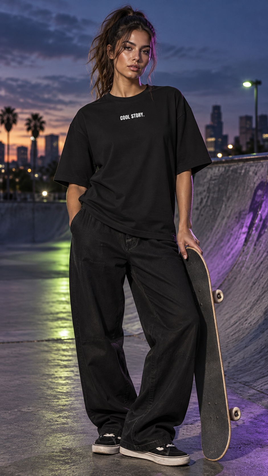 WRYKIND editorial — adult female skater wearing the COOL STORY. black boxy T-shirt, AI styling image
