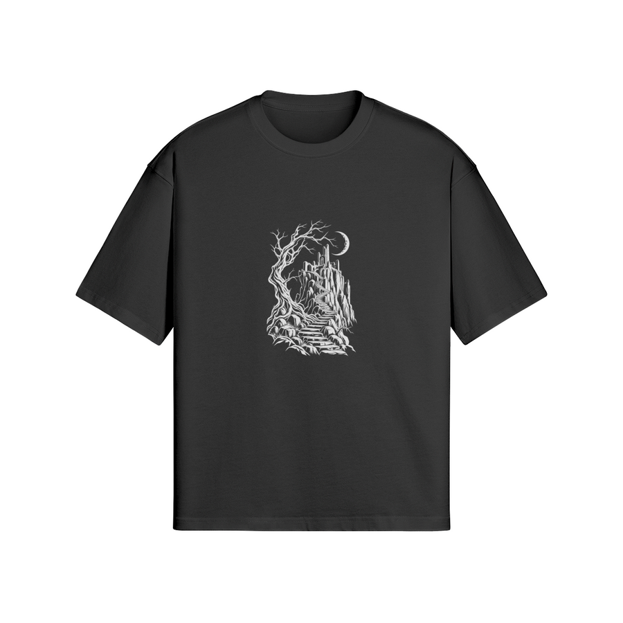 Front of WRYKIND Lunar Castle black 280gsm boxy T-shirt with white contour castle artwork
