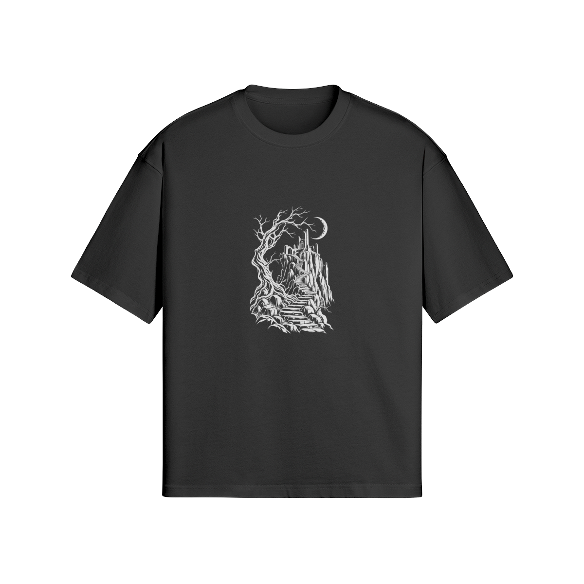 Front of WRYKIND Lunar Castle black 280gsm boxy T-shirt with white contour castle artwork