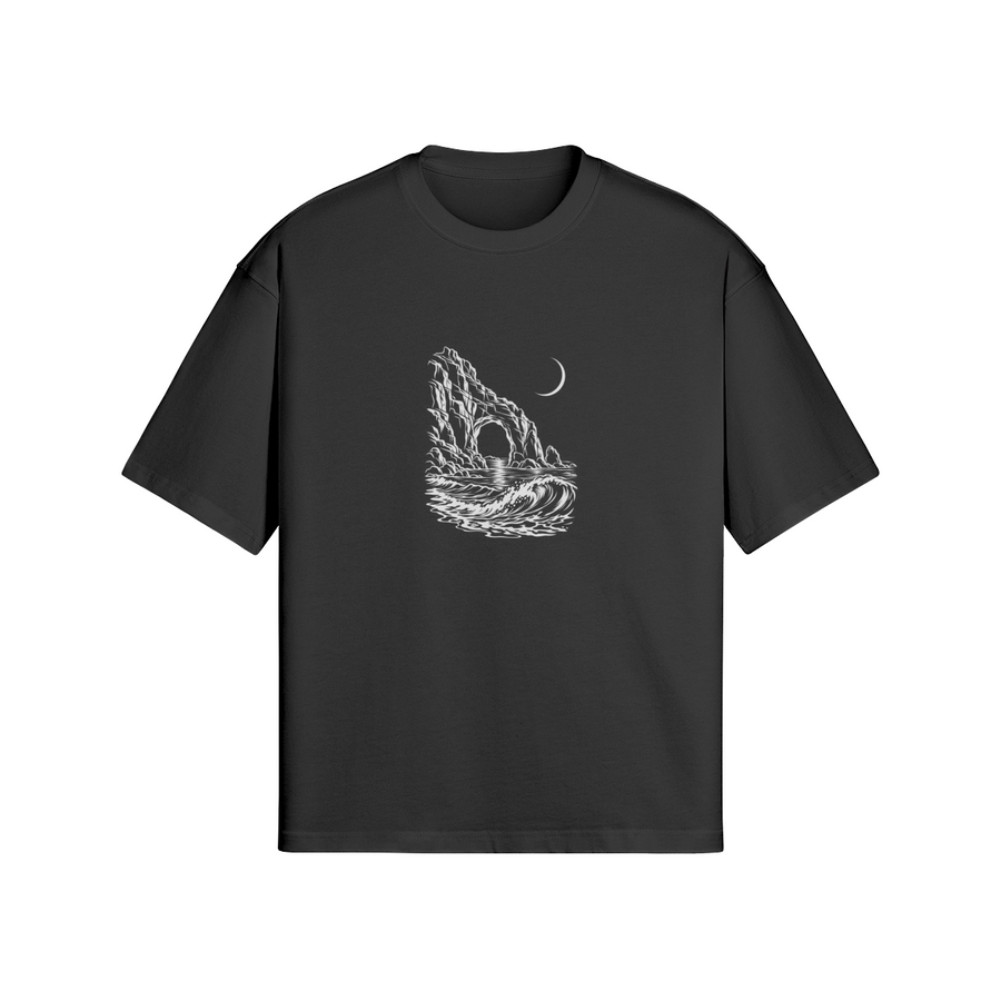Front of WRYKIND Moonlit Cave black 280gsm boxy T-shirt with white contour cave and wave artwork