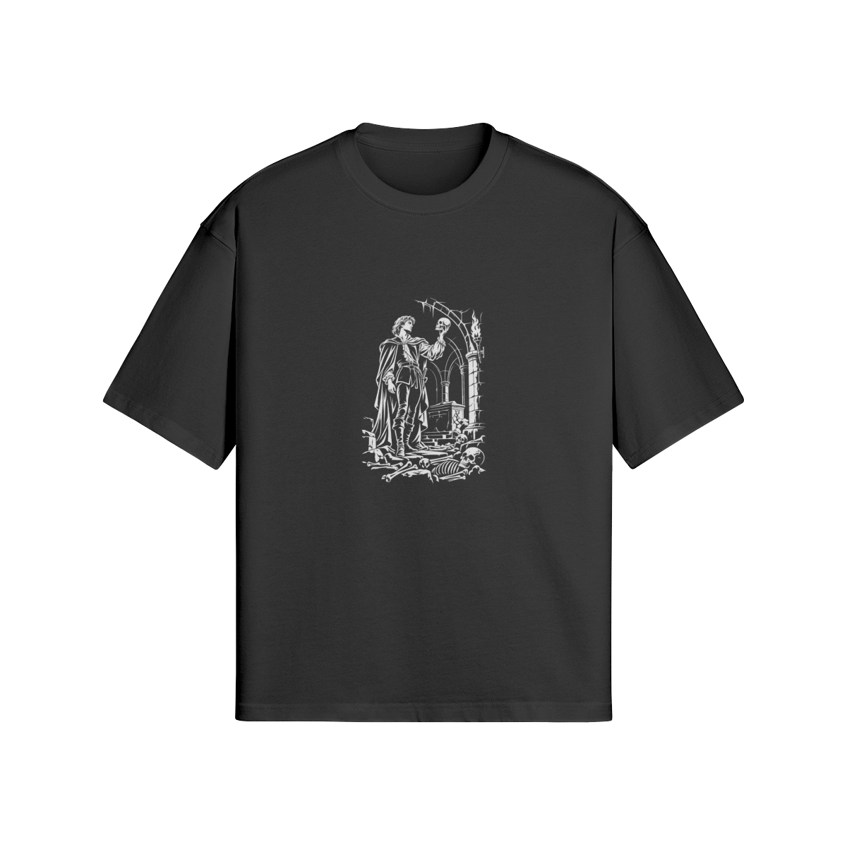 Front of WRYKIND Sacred Embrace black 280gsm boxy T-shirt with white cloaked figure and skull artwork