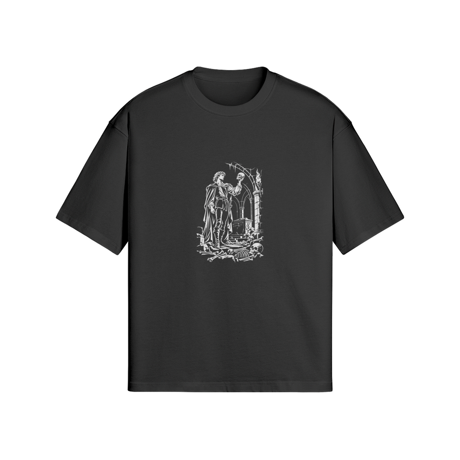 Front of WRYKIND Sacred Embrace black 280gsm boxy T-shirt with white cloaked figure and skull artwork