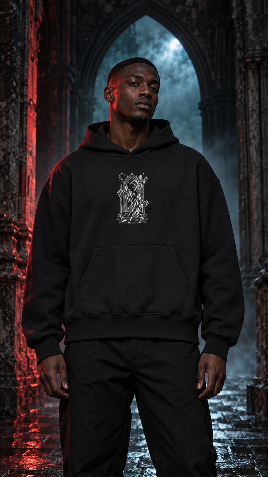 WRYKIND editorial — AI video styling image of a male model in the black Spectral Gateway hoodie