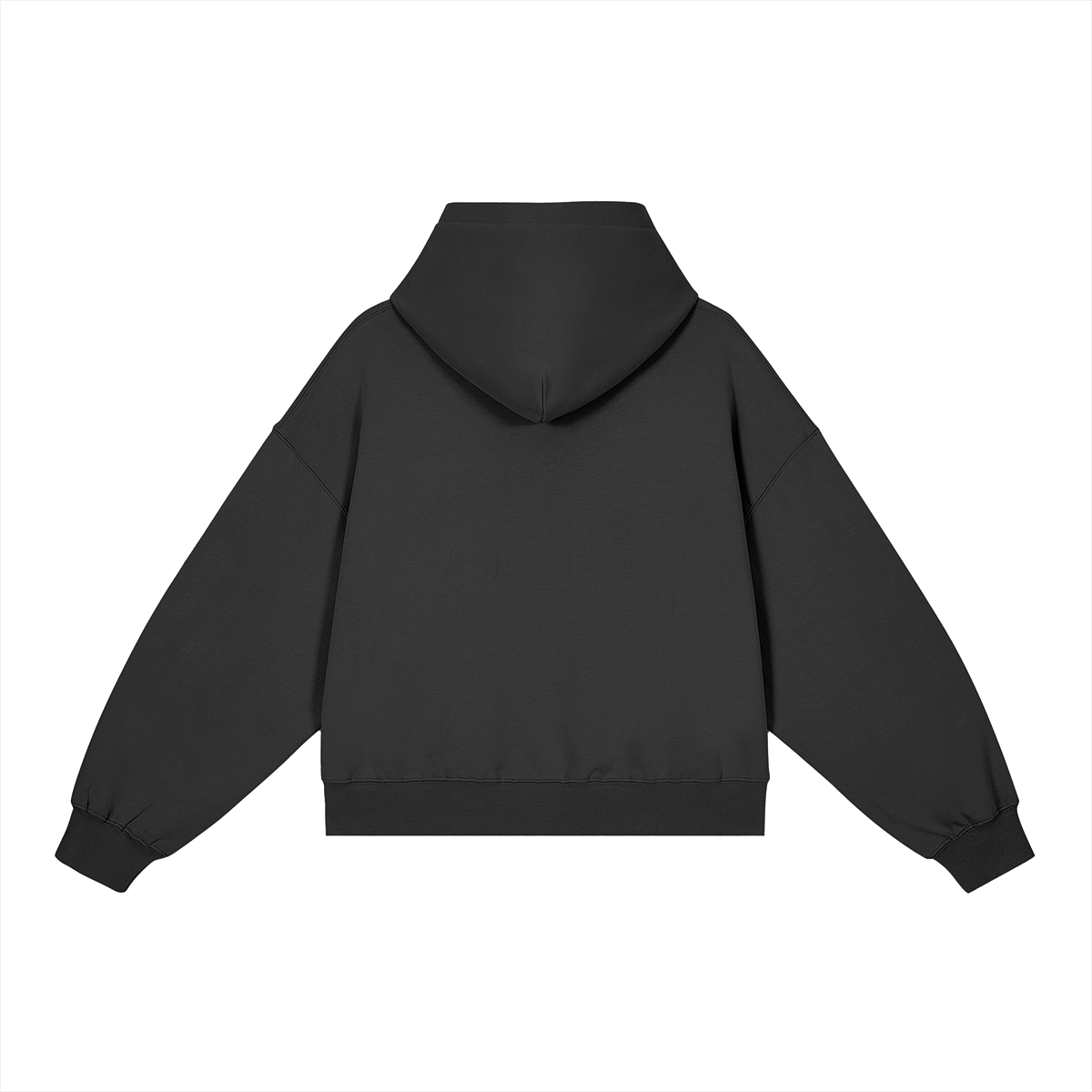 Plain black back of the THRILLED. 380gsm boxy hoodie