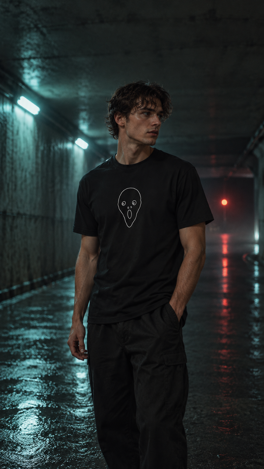 WRYKIND editorial — AI video styling image for The Scream — Outline T-Shirt