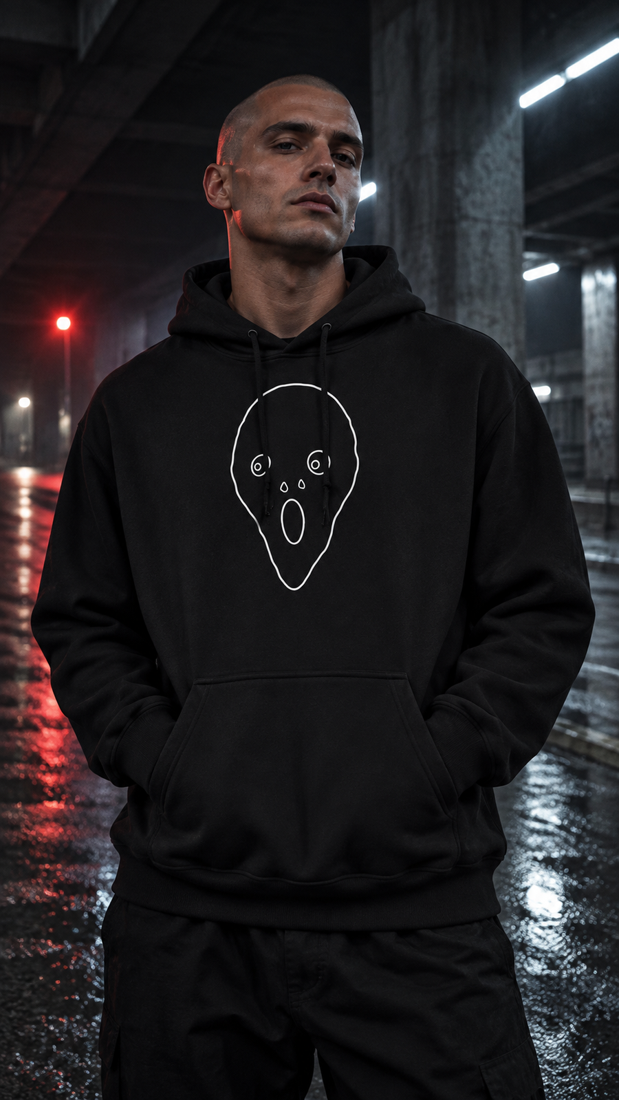 WRYKIND editorial — AI video styling image for The Scream — Outline Hoodie