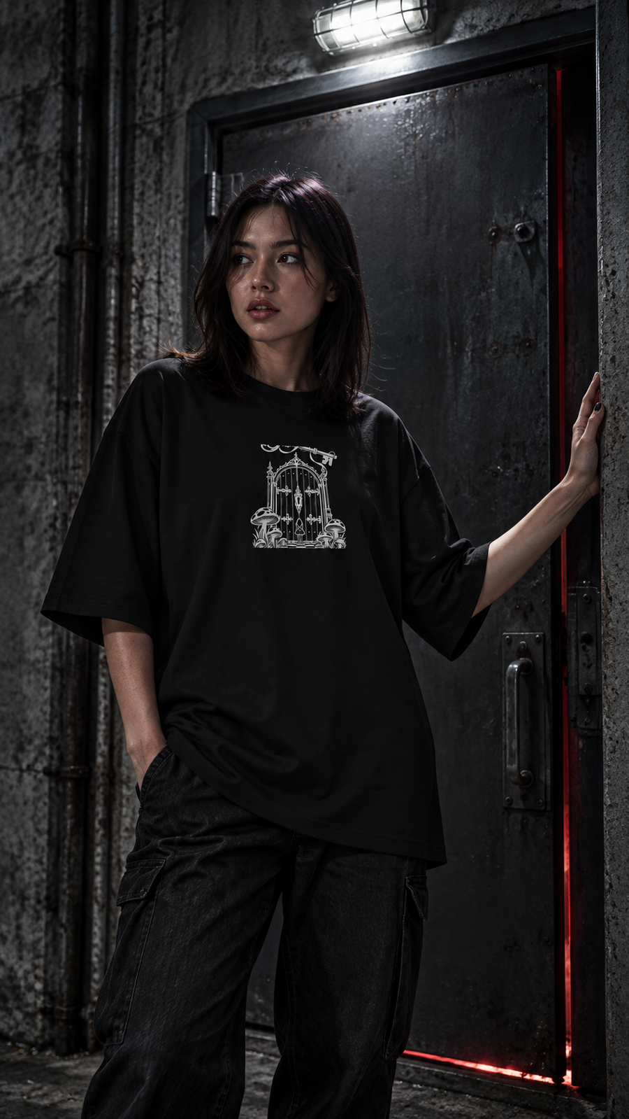 WRYKIND editorial — AI video styling image for WRYKIND 'Alice's Key' Oversized Graphic Tee – Enchanting White Contour on Black