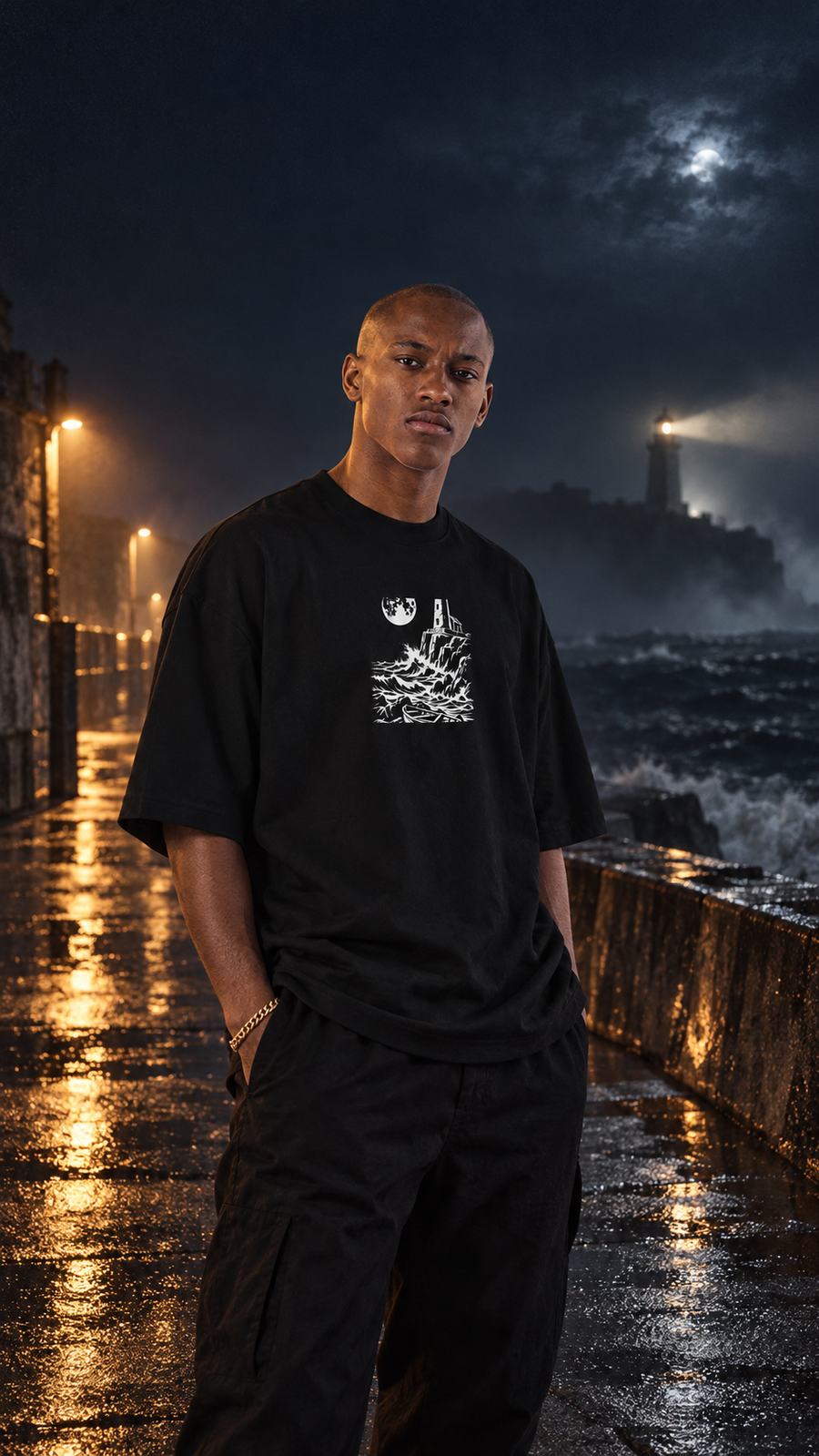 WRYKIND editorial — AI video styling image for WRYKIND Lunar Lighthouse Oversized Graphic Tee – White Contour Art on Black