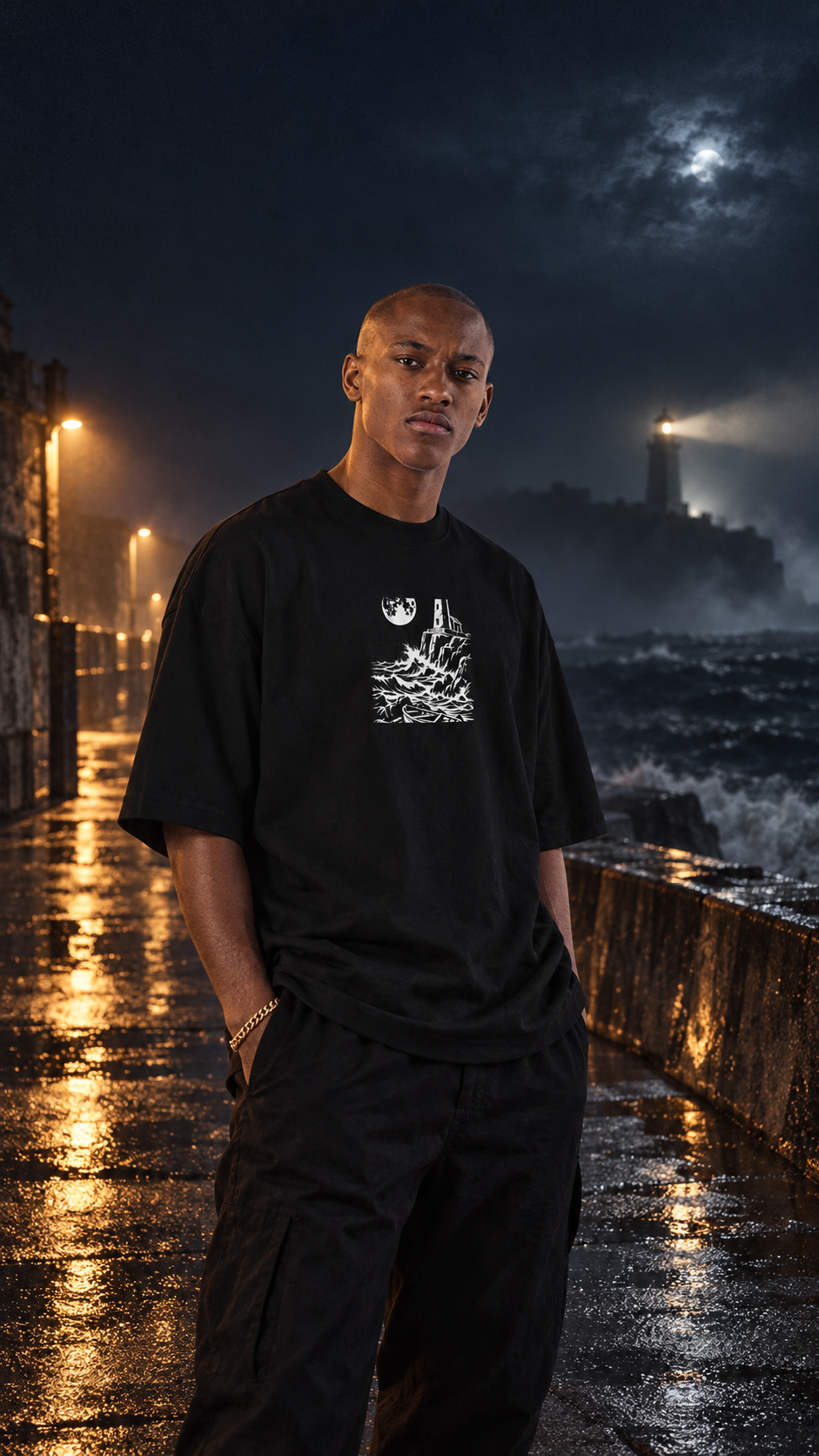 WRYKIND editorial — AI video styling image for WRYKIND Lunar Lighthouse Oversized Graphic Tee – White Contour Art on Black
