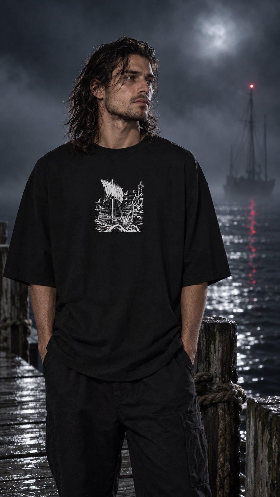 WRYKIND editorial — AI video styling image for WRYKIND 'Ghost Ship' Oversized Graphic T-Shirt – White Contour Art on Black Tee