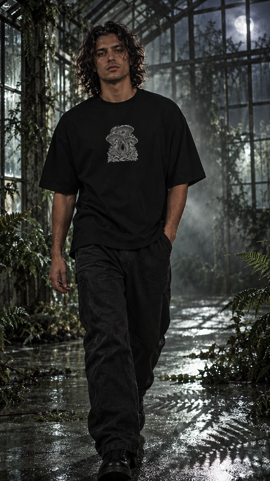 WRYKIND editorial — AI video styling image for WRYKIND Enchanted Forest Mushroom Oversized Graphic T-Shirt