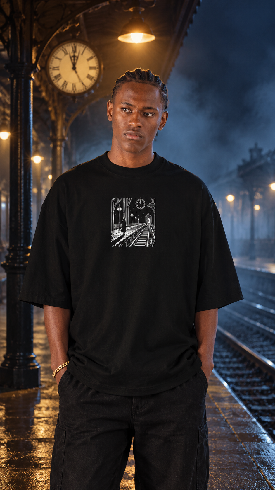 WRYKIND editorial — AI video styling image for WRYKIND 'Arcane Clock Tower' Oversized T-Shirt - White Contour Graphic Tee
