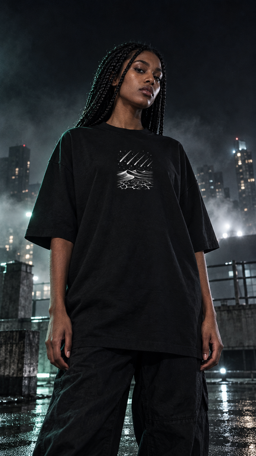 WRYKIND editorial — AI video styling image for WRYKIND Cosmic Peaks Oversized Graphic Tee – Black & White Meteor Shower Art