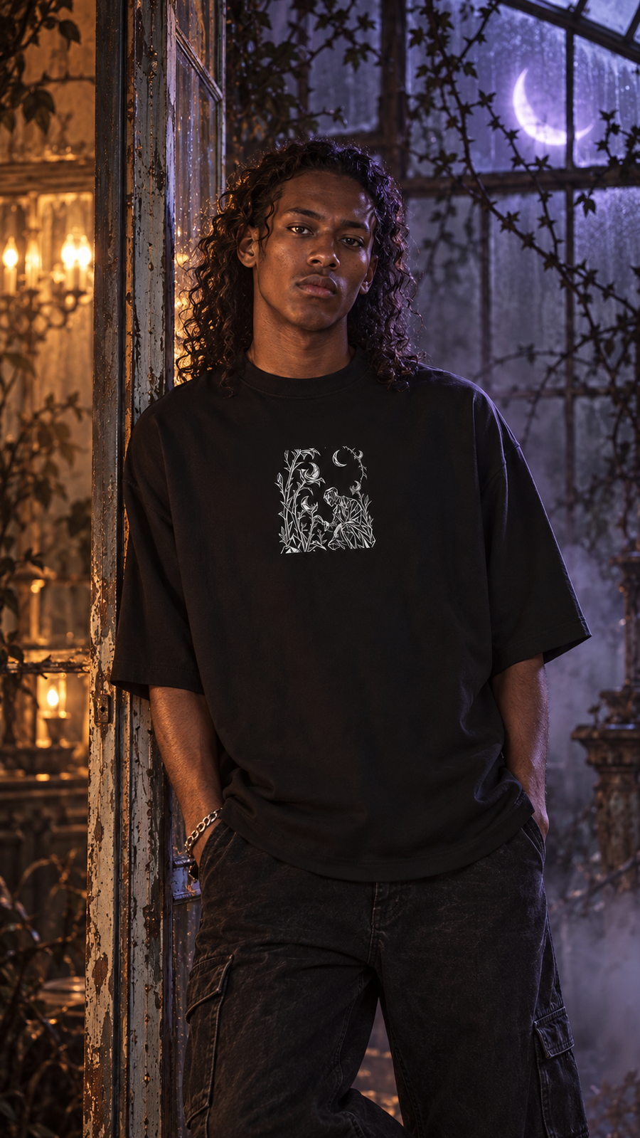 WRYKIND editorial — AI video styling image for WRYKIND Lunar Thorns & Figure Oversized Graphic T-Shirt - White Contour on Black