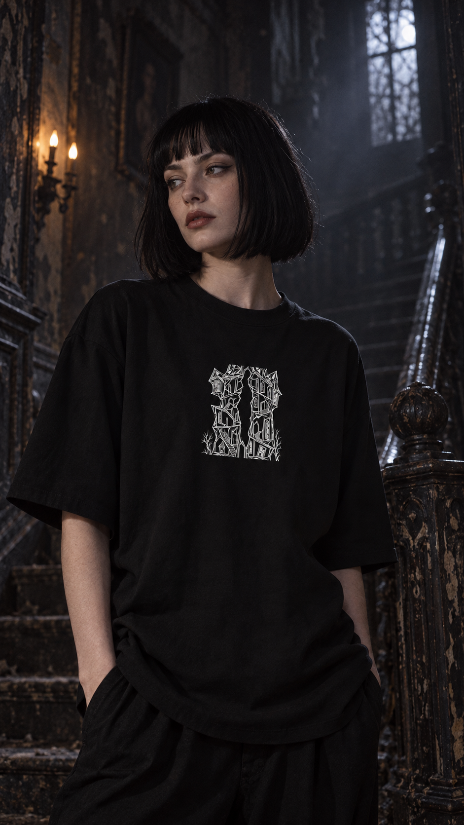 WRYKIND editorial — AI video styling image for WRYKIND Haunted Mansion Ghostly White Contour Oversized Graphic T-Shirt