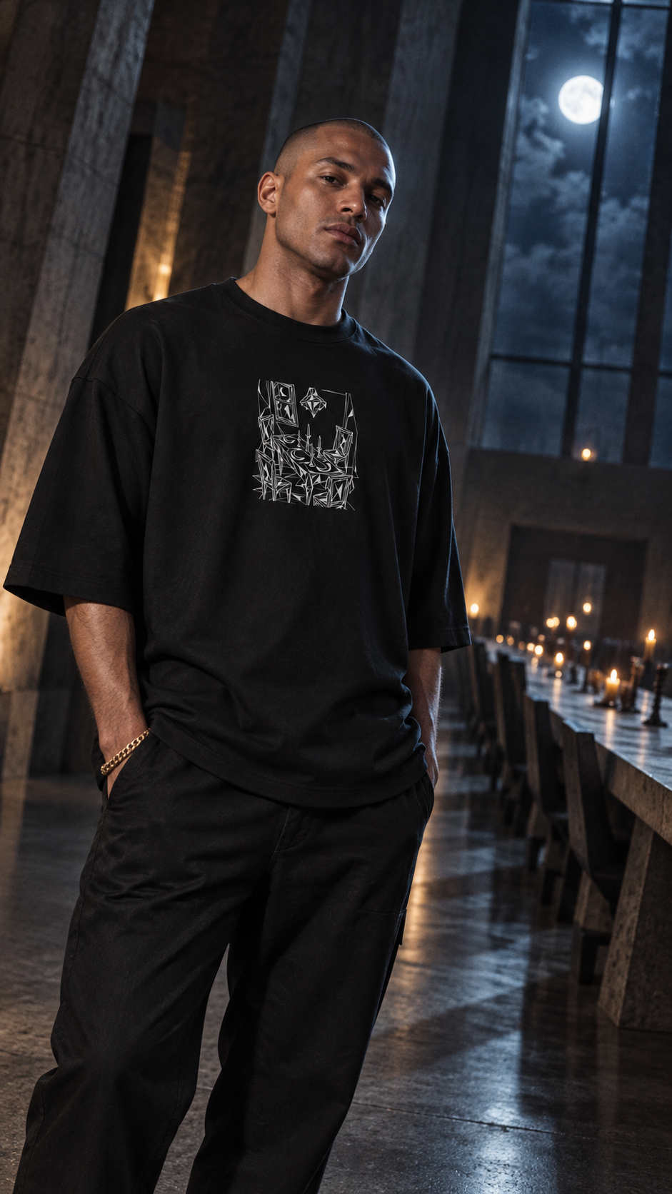 WRYKIND editorial — AI video styling image for WRYKIND Lunar Dinner White Contour Oversized Graphic T-Shirt