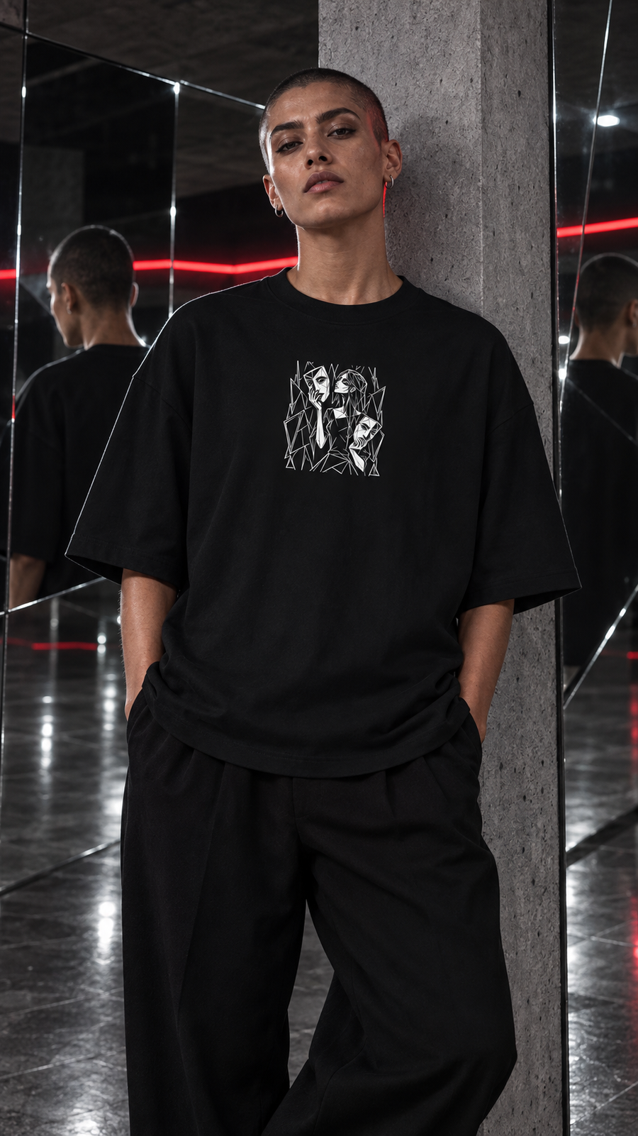 WRYKIND editorial — AI video styling image for WRYKIND 'Contour Burst' White Graphic Oversized T-Shirt - Striking Abstract Art Tee