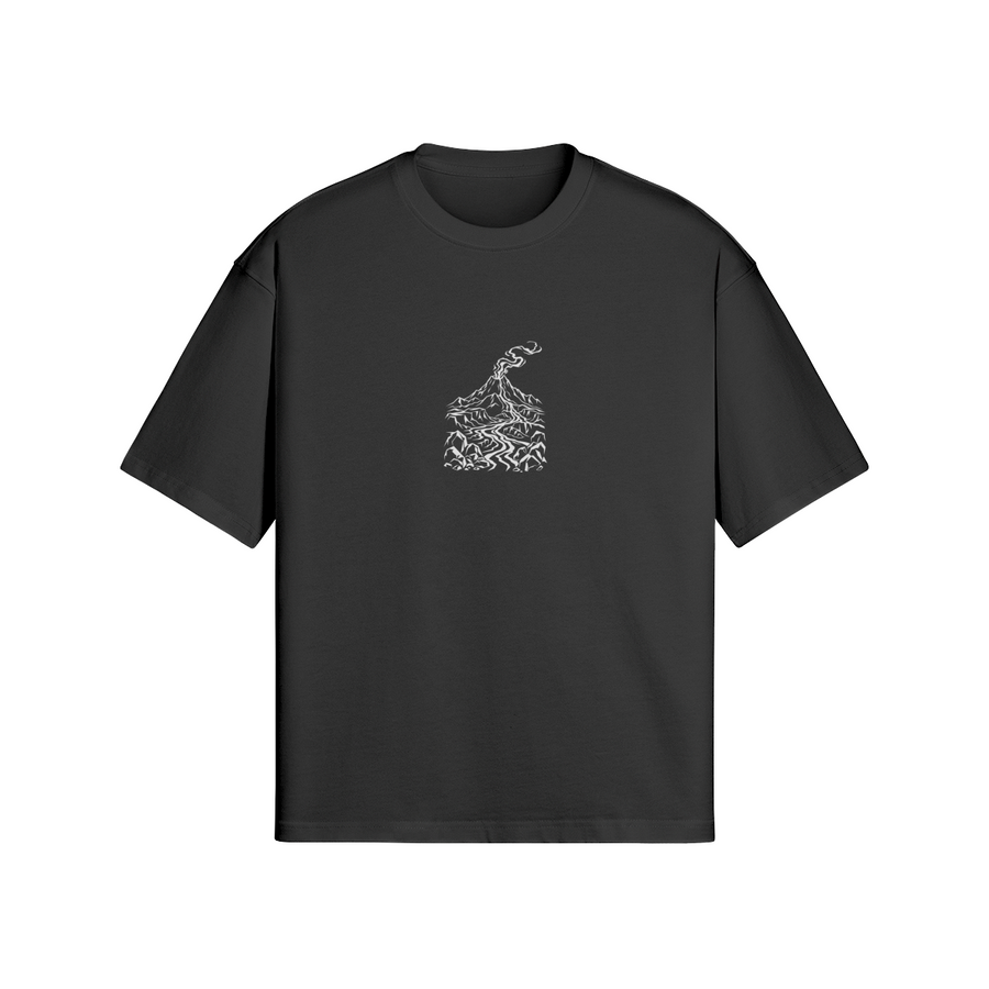 Front of WRYKIND Volcano Eruption black oversized T-shirt with white contour volcanic eruption artwork